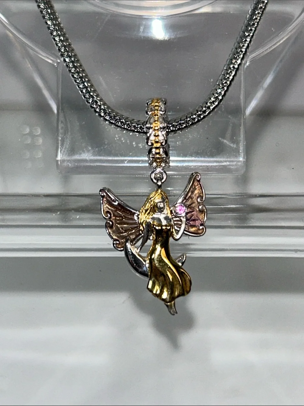 NWOT Gems En Vogue Palladium 18k Genuine Gemstone Swinging Moon Angel Euro Charm